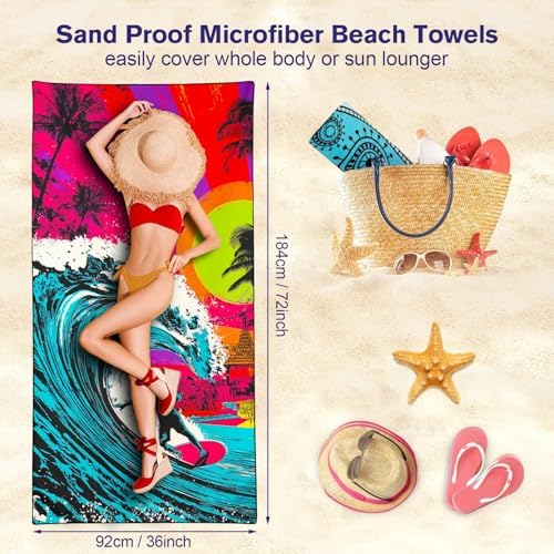Neon Surfer Beach Towel, Extra Large 180x90 cm 250GSM Microfibre, Sand Free Quick Dry, Ideal Vacation Gifts with Carry Bag for Pool Cruise Camping (Men's) - Image 5