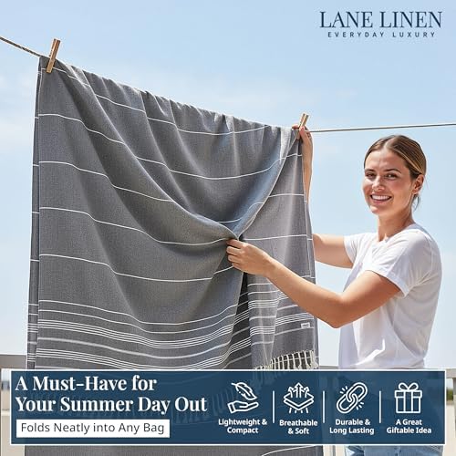 LANE LINEN Big Beach Blanket XL – Turkish Cotton Oversized Quick Dry Towel – XXL Sand Free 208x208 cm Towel for Camping, Travel, Beach, and Picnic Essentials - Smokey Black - Image 9