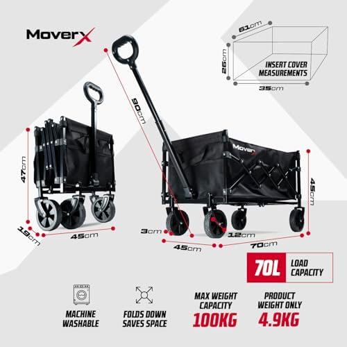 MoverX 70L Festival Trolley on Wheels, Folding Wagon, Portable Camping Cart, Collapsible Foldable Trolly for Beach Outdoor Garden Picnic Shopping Fishing, Adjustable Handle, Black - Image 2