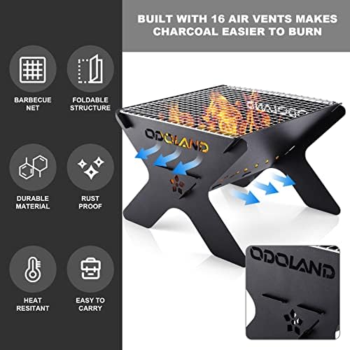 Odoland Camping Fire Pit, Portable Fire Pit for Camping, 2 in 1 Wood Burning Fire pit Grill with Detachable Cooking Grate for Outdoor BBQ, with Carry Bag - Image 5