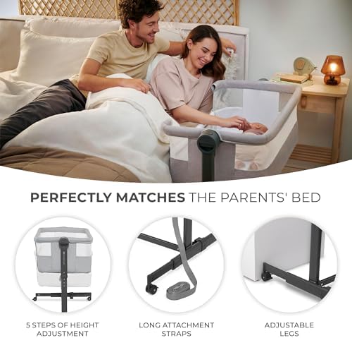 Kinderkraft Neste UP 2 Bedside Crib, Travel Cot, Co-Sleeping Bed, Ajustable Height, Foldable Side Wall, Transport Wheels, with Accessories, Cotton Sheet, for Newborn, 0-9 kg, up to 6 Month, Gray - Image 3