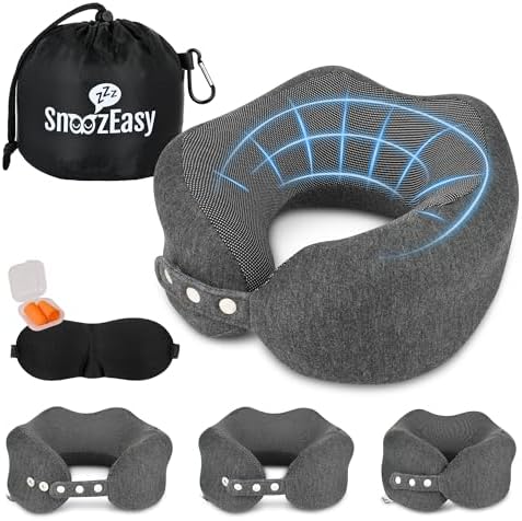 SnoozEasy™ Travel Pillow for Adults | High-Density Memory Foam Neck Pillow for Airplane | Adjustable Flight Travel Cushion with Eye Mask, Ear Plugs, Carry Bag & Carabiner Clip | UK Brand - Image 8
