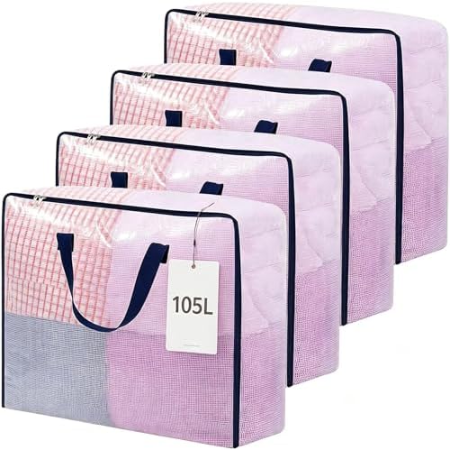 4 Pack Clear Storage Bags with Zip, 105L Large Moving Bags Clothes Storage Bags Foldable Moving Totes Packing Bags for Clothes Duvet Pillow Blanket Bedding Toys Storage