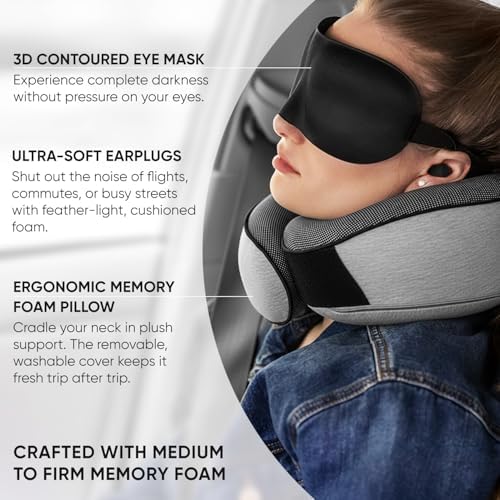 Proglobe Travel Pillow, Memory Foam Neck Pillow Set, Orthopedic Pillow, Travel Essentials for Flying, Kit with 3D Contoured Sleep Mask, Earplugs and Luxury Mesh Bag (Grey) - Image 4