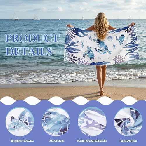 Microfiber Beach Towels 4 Pack Set Oversized 32x71 Inch Blue Ocean Turtle Sand Free Quick Dry Travel Pool Accessories Vacation Essentials Blanket Swim Towels for Family Adults Women Men Gifts - Image 4