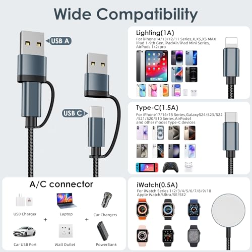 Upgraded for Apple Charger iPhone Charger Cable,3 in 2 for Apple Watch Charger/L Cable/USB C Cable,Travel Essentials Multi Fast Charging Cable Compatible with iWatch Series,iPhone 17-11, for RGB Cable - Image 6