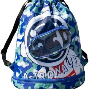 LUVDECO Drawstring Bags for Kids, Waterproof Swim Backpack with Separate Dry & Wet Compartments and Shoe Goggles Pocket, Lightweight Gym Sports Sack Boys Girls Beach Swimming Pool School (spaceman)