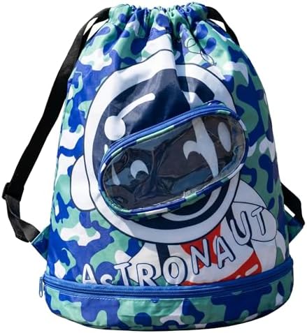 LUVDECO Drawstring Bags for Kids, Waterproof Swim Backpack with Separate Dry & Wet Compartments and Shoe Goggles Pocket, Lightweight Gym Sports Sack Boys Girls Beach Swimming Pool School (spaceman)