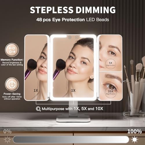 Travel Lighted Makeup Mirror with 48 LED lights, 1X/5X/10X Magnifying Tri-fold Table Mirror, Stepless Dimming and Touch Control, Portable USB Rechargeable Cosmetic Vanity Mirror - Image 3