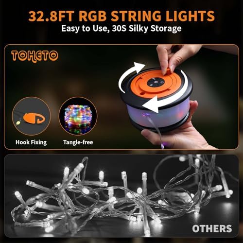 TOHETO Camping String Lights, 3 in 1 Upgraded Retractable RGB Outdoor String Lights with 19 Lighting Modes,Quick 30s Recovery, 32.8 FT Portable Tent Lights, Rechargeable Camping Lantern (Black&Orange) - Image 5