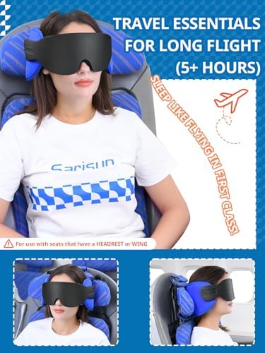 SARISUN Travel Pillow for Airplane, Plane Pillow with 3D Eye Mask for Sleeping, 360°Support Airplane Head Strap for Long Flight, Stop Bobblehead, Travel Essential, Black - Image 2