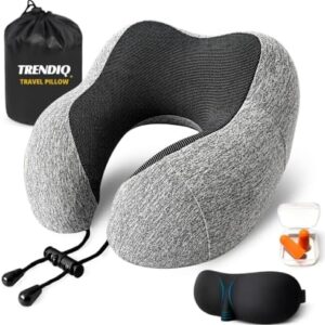 Travel Pillow for Airplane- Premium Memory Foam with 100% Pure Cotton Cover Neck Pillow for Travel- Adjustable U-Shaped Flight Pillow with Eye Mask, Ear Plugs, Carry Bag & Carabiner Clip