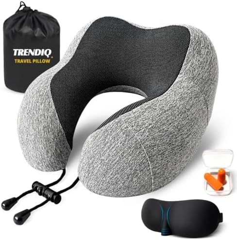 Travel Pillow for Airplane- Premium Memory Foam with 100% Pure Cotton Cover Neck Pillow for Travel- Adjustable U-Shaped Flight Pillow with Eye Mask, Ear Plugs, Carry Bag & Carabiner Clip