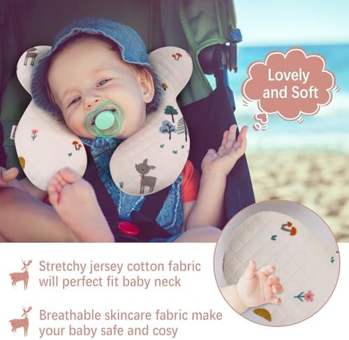Baby Neck Pillow for Travel, Car Seat Pillow for Toddlers, Upgrade, Cotton,Baby Support Pillows for Stroller, Bouncer, Pushchair, Carseat Head and Neck Support, Breathable,Deer - Image 2