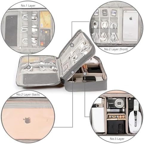 HCFGS Travel Cable Organiser Bag, Electronics Accessories Organizer Bag Extra Large 3-Layers Universal Carry Travel Gadget Bag for Power Bank, Memory Card, Data cable, Charger Hard Disk (Grey) - Image 2