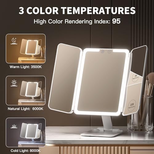 Travel Lighted Makeup Mirror with 48 LED lights, 1X/5X/10X Magnifying Tri-fold Table Mirror, Stepless Dimming and Touch Control, Portable USB Rechargeable Cosmetic Vanity Mirror - Image 2