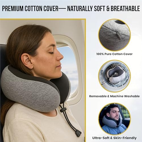 Travel Pillow for Airplane- Premium Memory Foam with 100% Pure Cotton Cover Neck Pillow for Travel- Adjustable U-Shaped Flight Pillow with Eye Mask, Ear Plugs, Carry Bag & Carabiner Clip - Image 4
