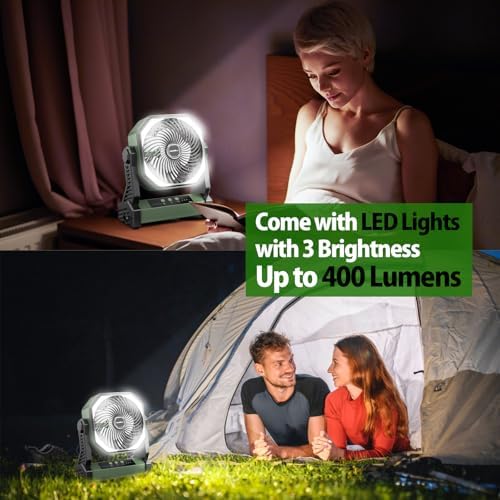 20000mAh Battery Powered Camping Fan, 58Hrs Rechargeable Portable Fan, 400LM Light, 360° Hook, Whisper Quiet Battery Operated Fan for Outdoor Car Travel Gear Essentials Power Outages Co-brand AMACOOL - Image 3