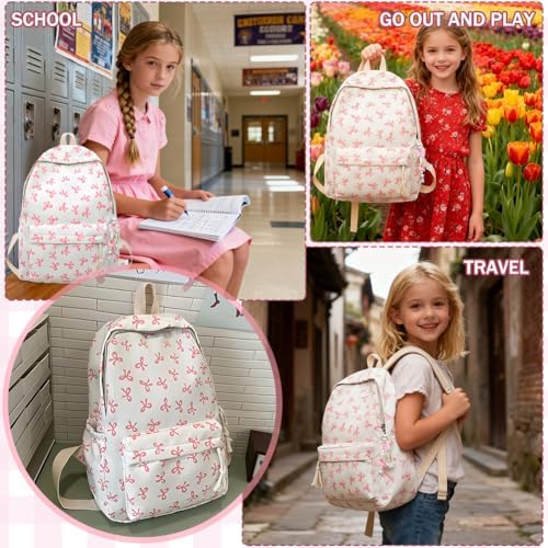 Pink Bow School Backpack for Girls | Kawaii Preppy Aesthetic Rucksack with Adjustable Straps & Keychain | 15L Cute Durable Bookbag for Teenagers, Secondary & Primary School Students - Image 4