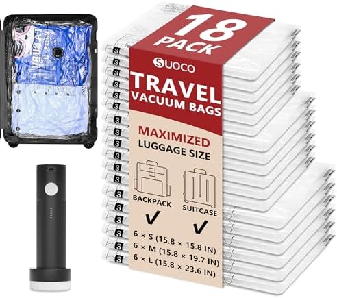 Vacuum Seal Bags for Travel with Rechargeable Pump, 18 Pack Carry on Compression Packing Bags for Luggage, Backpack and Suitcase, Space Saver Storage Organizer for Clothing Clothes