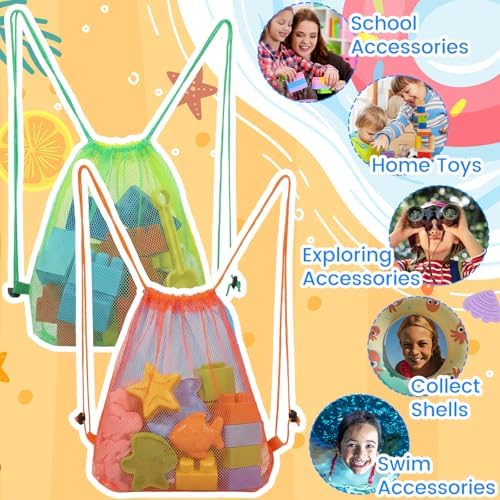 2PCS Large Drawstring Mesh Beach Backpack Bag Toys Outdoor Bags | Portable Sand Toys Storage Net Vacation Essentials Shell Collecting Bag Beach Must Haves Box Toy Seashell Travel Pouch - Image 4
