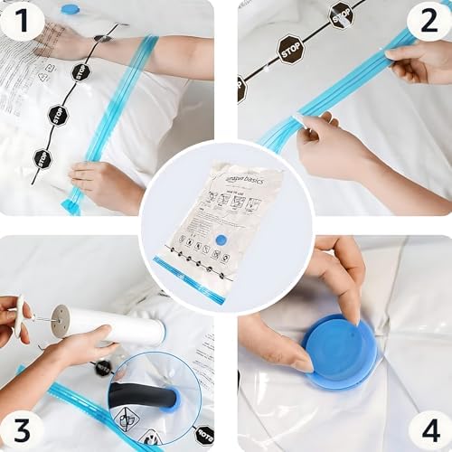 Amazon Basics Vacuum Compression Zipper Storage Bags with Airtight Valve and Hand Pump, Medium, 5-Pack, Clear - Image 4