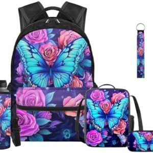 Butterfly Backpack for Girls for School Lunch Box Kids School Bag Set Pencil Purse Kindergarten Elementary Preschool Bookbag Water Bottle Sleeve Keychain Back Pack