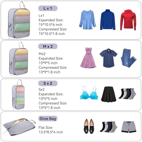 Voova 6 Set Compression Packing Cubes for Suitcases Backpack, Expandable Luggage Suitcase Organiser Bags Set, Packing Organizers for Men Women, Travel Organisers Cubes for Travel Essentials, Grey - Image 2