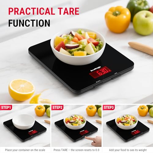 ACCUWEIGHT 201 Digital Kitchen Scales with Tempered Glass Platform (Batteries included), Electronic Weighing Food Scale with Backlit LCD, Multifunction for Office School Home Baking Cooking, 5kg/11lb - Image 5