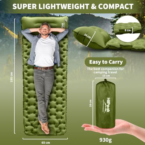 HiiPeak Camping Sleeping Pad, Ultralight Camping Mat with Pillow Built-in Foot Pump Inflatable Sleeping Pads Compact for Backpacking Hiking Traveling Tent (Green) - Image 2