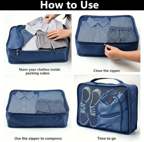 6 PCS Large Packing Cubes, Lightweight Luggage Packing Organizers Cubes | Same size 40x30x12cm Suitcase organiser bags | Double zip | Lightweight breathable material | Ideal for trave & home - Navy - Image 4