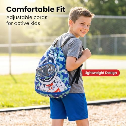 LUVDECO Drawstring Bags for Kids, Waterproof Swim Backpack with Separate Dry & Wet Compartments and Shoe Goggles Pocket, Lightweight Gym Sports Sack Boys Girls Beach Swimming Pool School (spaceman) - Image 6