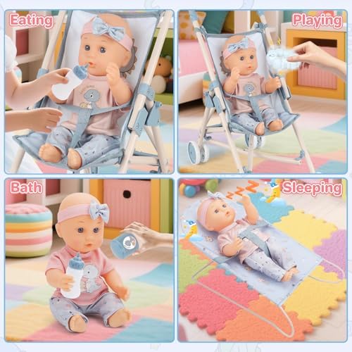 deAO 6 in 1 Baby Doll Accessories Set, Baby doll Pretend Role Playset with Dolls Cot, Dolls Pushchair,Play Mat, Swing Crib, Travel Bag for 3+ Years Old Kids Girls (Doll Included) | Pretend Play Set with Doll Stroller, Cot, Play Mat, Bouncer, Travel bag & Baby Doll, Imaginative Role Play Toys for kids - Image 5