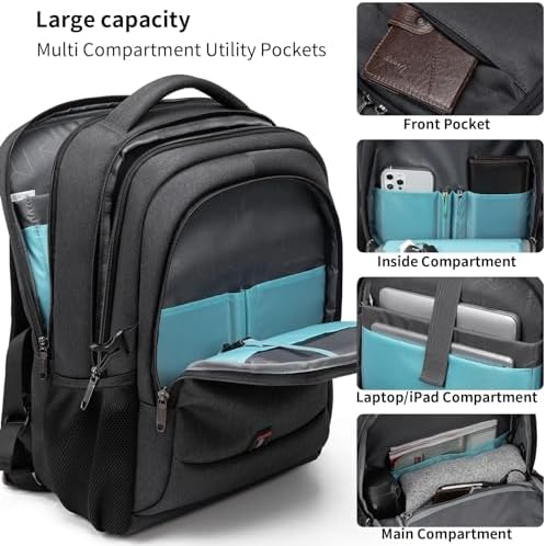 DUSLANG Travel Laptop Backpack, Work Bag Laptop Bag with USB Charging Port, Anti Theft Business Backpack, College School Rucksack for Men and Women, Fits 17 Inch, Black - Image 2