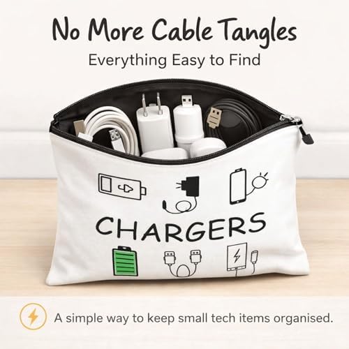 Charging Cable Organiser Bag for Travel – Waterproof Canvas Pouch with Zipper – Tech Accessories Holder & USB Gadget Storage Portable Electronics Case for Women & Men Holiday Essentials - Image 5