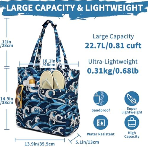 Foldable Beach Bags for Women with Zip, 22.7L Water Resistant Medium Summer Holiday Tote Bag Lightweight Sandproof for Swimming Pool Cruise Sea Wave - Image 3