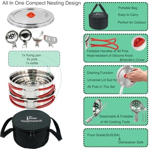 18/8 Stainless Steel Camping Cookware Set, Family Size 6 to 8 People Pots and Pans with Utensils and Kettle, Outdoor Cooking Kit with Carrying Bag - Image 5