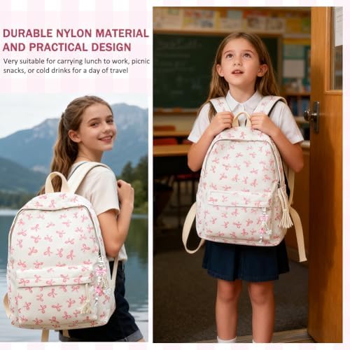 Pink Bow School Backpack for Girls | Kawaii Preppy Aesthetic Rucksack with Adjustable Straps & Keychain | 15L Cute Durable Bookbag for Teenagers, Secondary & Primary School Students - Image 5