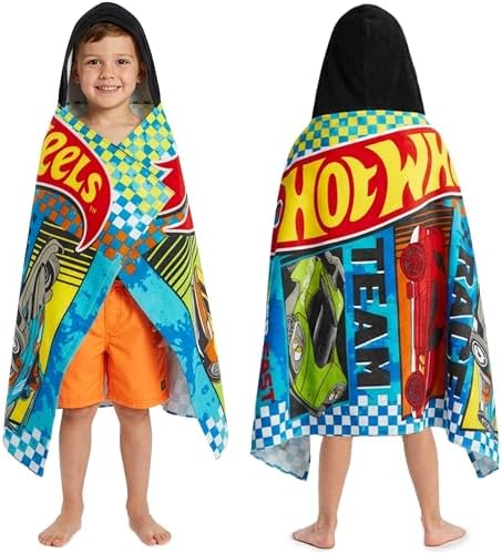 Get Trend Hot Wheels Hooded Towels for Boys, Cotton Bath & Beach Towel Poncho, Soft & Absorbent Hooded Kids Shower Swimming Wrap & Changing Robe, Travel & Holiday Essentials (Multi Hot Wheels)