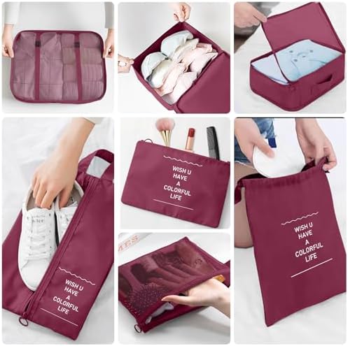 Packing Cubes for Suitcases, 10 pcs Packing Cubes Luggage Organiser Bags Travel Essentials Bags for Clothes Shoes Toiletries Travel Luggage Organizers Storage Bags-Burgundy - Image 4