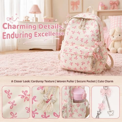 Pink Bow School Backpack for Girls, Kawaii Preppy Aesthetic Rucksack with Adjustable Straps & Cute Keychain, 15L Durable Bookbag for Teens, Primary & Secondary School Students - Image 6