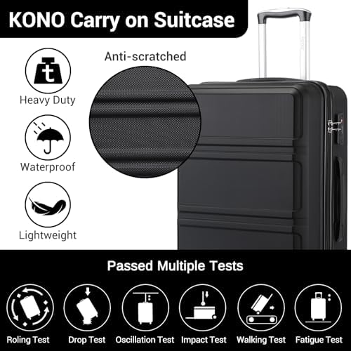 Kono Small Suitcase with Silent Spinner Wheels, Lightweight Hard Shell Cabin Luggage, ABS+PC Carry On Travel Case with YKK Zips &TSA Lock, 55x40x20cm Airline Approved for Ryanair & easyJet (Black) - Image 3