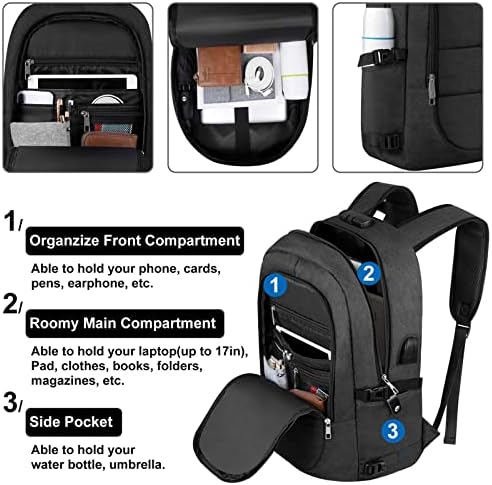 VSNOON Anti-Theft Laptop Backpack, 15.6-17.3 inch Business Laptop Rucksack Bag with USB Charging Port & Lock, Water Resistant Travel Backpack Computer Bag for Women Men, Black - Image 2