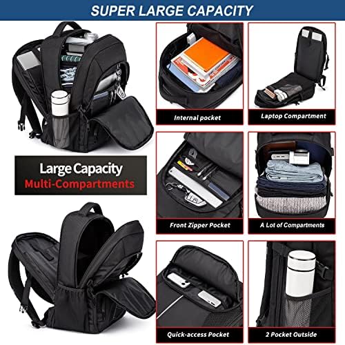 Extra Large Backpack 55L,18.4 Inch Travel Laptop Work Bag with USB Charging Port Big Business Flight Approved TSA Heavy Duty Computer Rucksack for Men Women College School,Black - Image 3