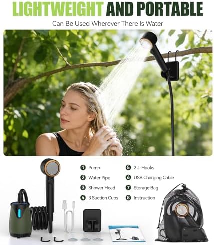 Portable Shower 8000mAh – IPX8 Waterproof Camping Shower with 4 Spray Modes,5 water flow settings, LED Display, USB-C Rechargeable – Outdoor Shower for Camping, Dog Washing, Caravan, Travel - Image 5