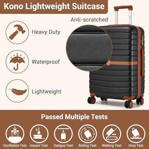 Kono Cabin Suitcase 55x40x20 Lightweight ABS + PC Hard Shell Carry On Trolley Case Small Travel Hand Luggage with 3 Digit Combination Lock Spinner Wheels (Black/Brown) - Image 2