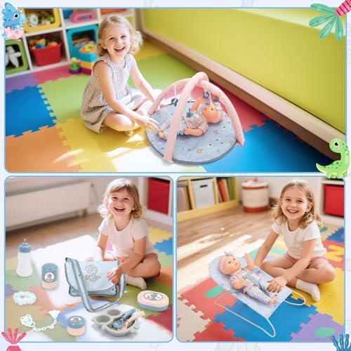 deAO 6 in 1 Baby Doll Accessories Set, Baby doll Pretend Role Playset with Dolls Cot, Dolls Pushchair,Play Mat, Swing Crib, Travel Bag for 3+ Years Old Kids Girls (Doll Included) | Pretend Play Set with Doll Stroller, Cot, Play Mat, Bouncer, Travel bag & Baby Doll, Imaginative Role Play Toys for kids - Image 7