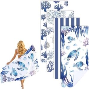Microfiber Beach Towels 4 Pack Set Oversized 32x71 Inch Blue Ocean Turtle Sand Free Quick Dry Travel Pool Accessories Vacation Essentials Blanket Swim Towels for Family Adults Women Men Gifts
