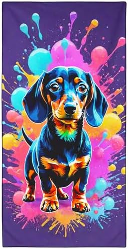 Neon Splatter Dachshund Beach Towel for Dog Lovers, Extra Large 180x90 cm 250GSM Microfibre, Sand Free Quick Dry, Ideal Vacation Gifts with Carry Bag for Pool Cruise Camping