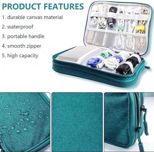 Teskyer Electronics Travel Organizer Bag - Waterproof Cable Organiser, Holiday Essentials Accessories for Men Women, 9.6 x 6.9 Inch, Dark Green - Image 4